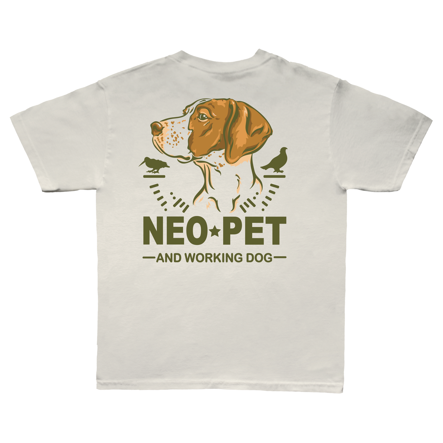 Beige t-shirt with a dog graphic and 'Neo Pet and Working Dog' text on a white background