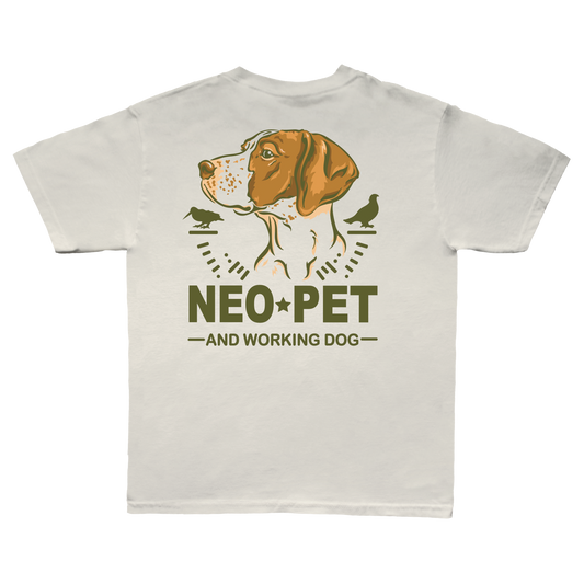 Beige t-shirt with a dog graphic and 'Neo Pet and Working Dog' text on a white background
