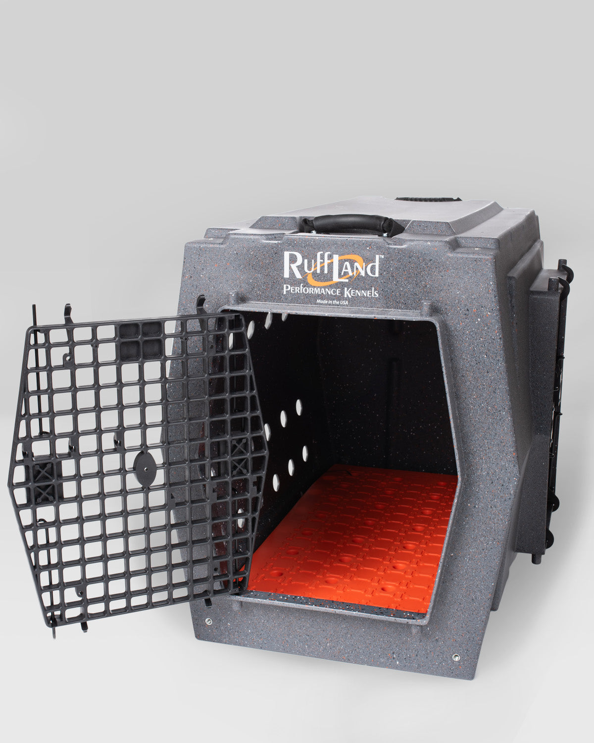 Cushy Ride Kennel Pad Orange, kennel door open